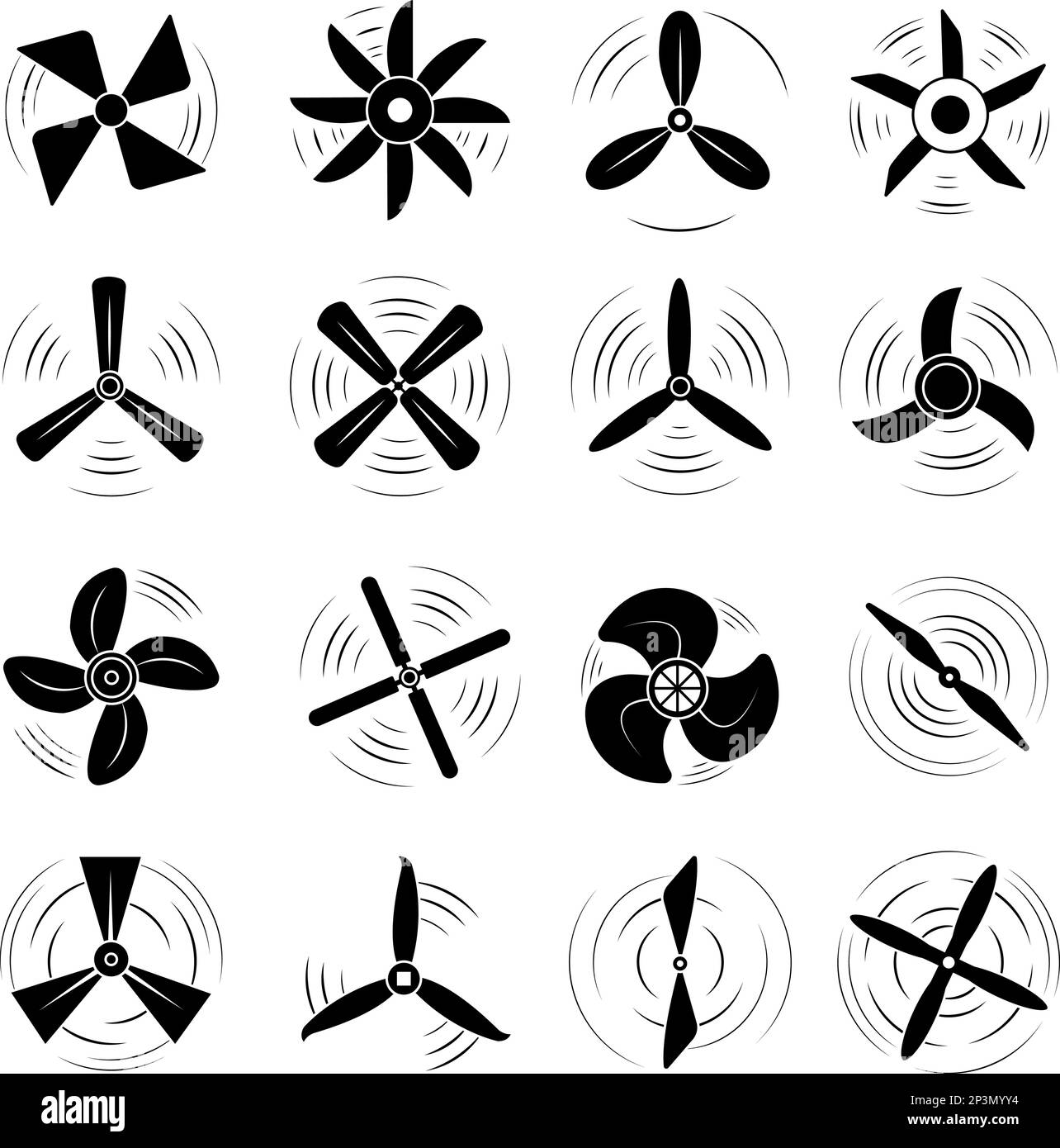 Simboli neri delle eliche degli aerei. Elementi della pala dell'elica, motore a rotazione. Logo vettoriali decent a rotazione della turbina, a ventola elettrica o a vite marina Illustrazione Vettoriale