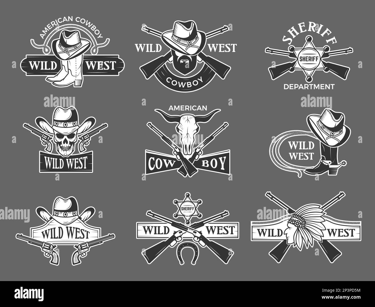 Logo Wild West. Collezione di simboli retrò Sheriff recenti immagini vettoriali selvaggio West con posto per il testo Illustrazione Vettoriale