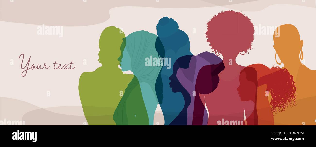 Silhouette gruppo di donne multiculturali. Comunità sociale femminile di cultura diversa. Giornata internazionale della donna. Colleghi. Uguaglianza razziale. Banner Illustrazione Vettoriale