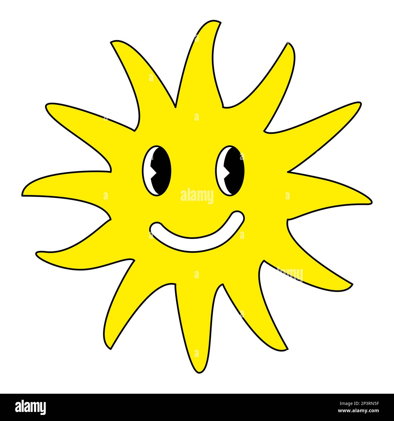 Stile retrò sorridente sole emoticon, stile doodle disegno piatto vettore Illustrazione Vettoriale