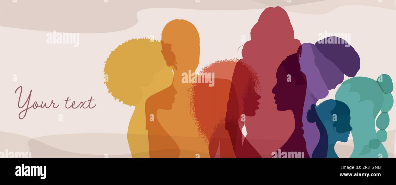 Silhouette gruppo di donne multiculturali. Comunità sociale femminile di cultura diversa. Giornata internazionale della donna. Colleghi. Equality.Banner razziale Illustrazione Vettoriale