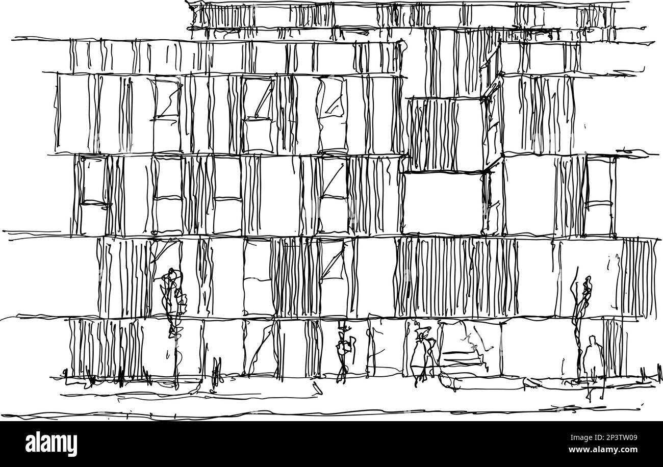 disegno architettonico disegnato a mano di un edificio moderno con rivestimenti in legno, finestre e persone intorno Foto Stock
