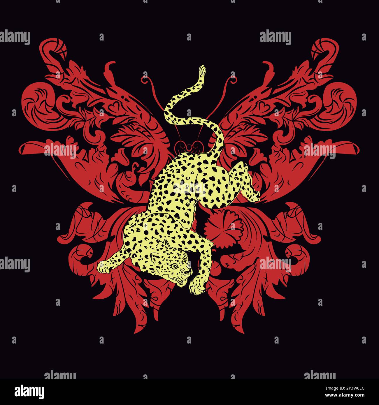 t-shirt di un leopardo accovacciato su una figura a farfalla rosa. Illustrazione Vettoriale