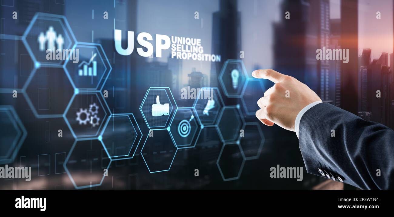 USP. Iscrizione proposta di vendita unica su Virtual Screen. Concetto di marketing e tecnologia. Foto Stock