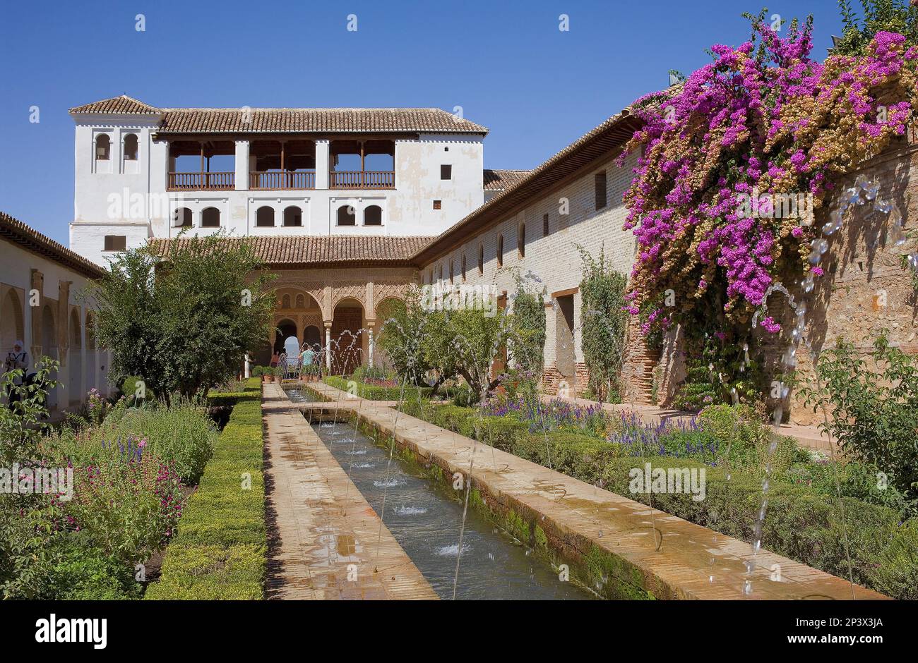 Patio de la Acequia, cortile del fosso di irrigazione, El Palacio de Generalife, Alhambra,Granada, Andalusia Foto Stock