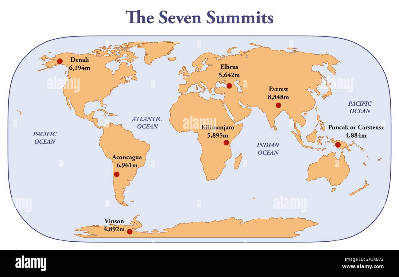 Le sette cime, le montagne più alte in ciascuno dei sette continenti Foto Stock