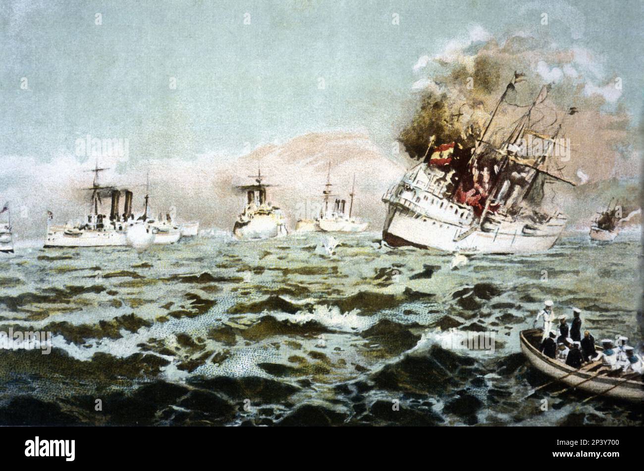 Guerra spagnola americana. Distruzione della squadra spagnola nella battaglia navale di Cavite (Filippine) il 1-5-1898. Foto Stock