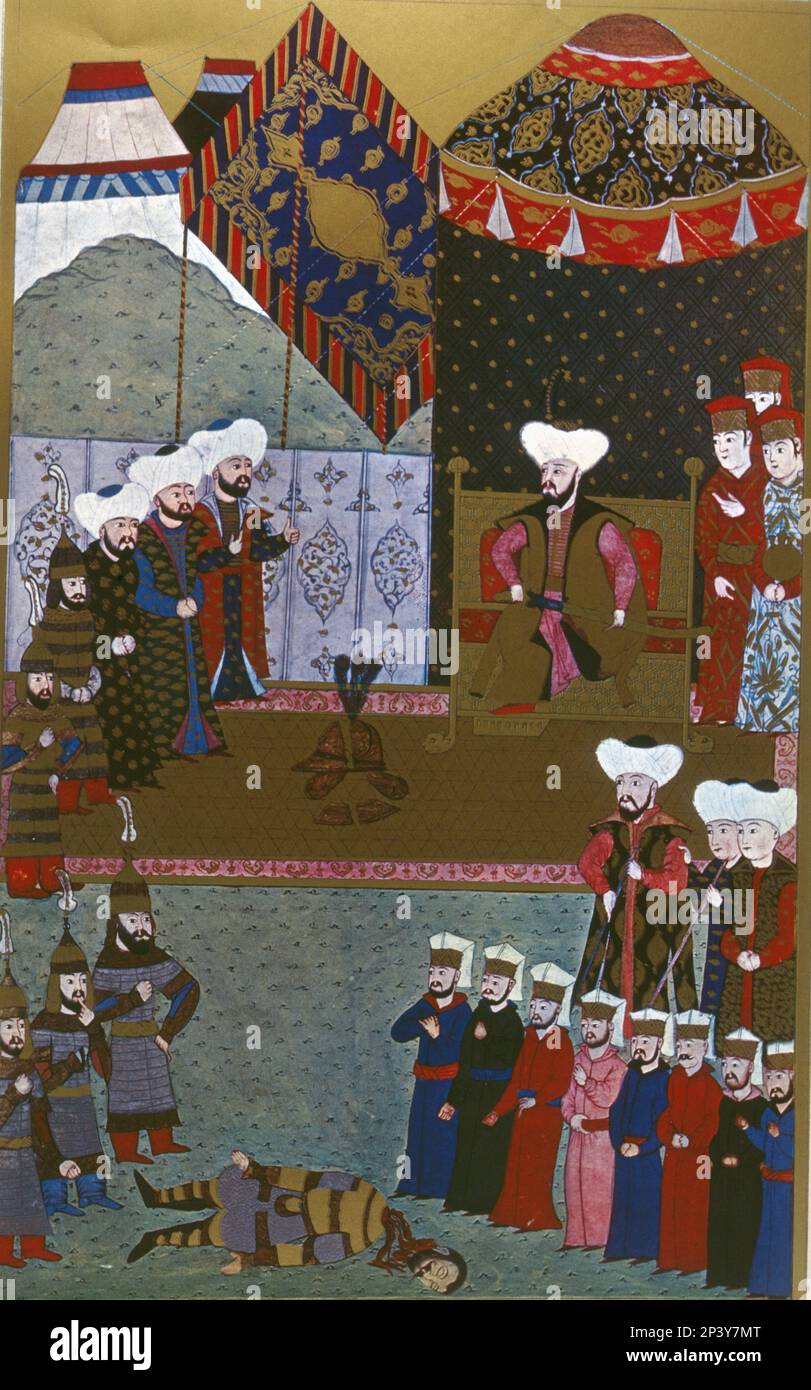 Murat II, con un colpo di spada, taglia in due il casco d'acciaio dell'eroe e reggente ungherese Jan Huntadi, miniatura turca del 'Libro delle realizzazioni' (1584 - 1589). Foto Stock