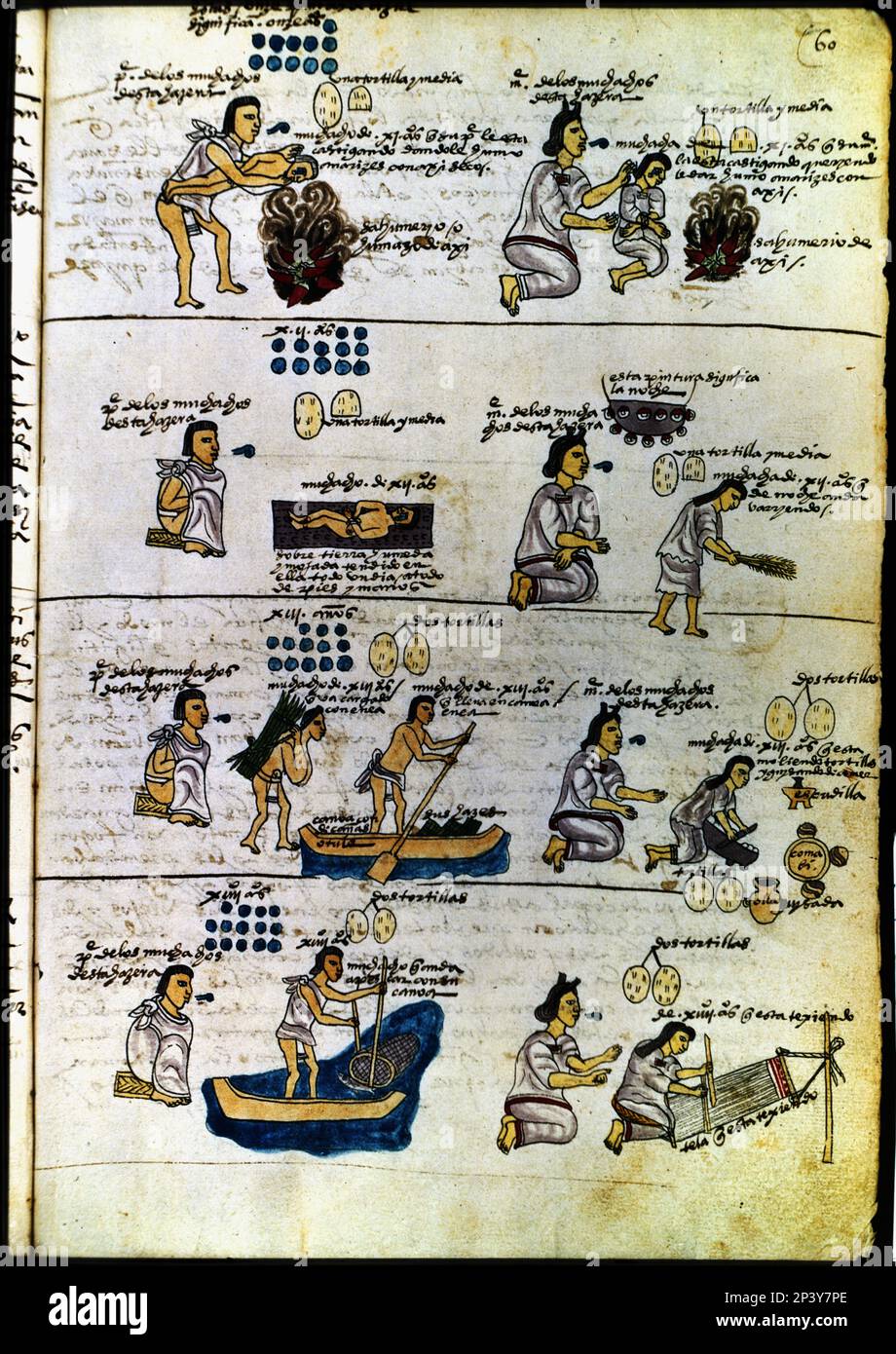 Codex Mendoza (1535 - 1550), geroglifico raffigurante i metodi di educazione azteca: Elevenold ragazzo costretto ad inalare fumo, pulizia, pesca e tessitura. Foto Stock