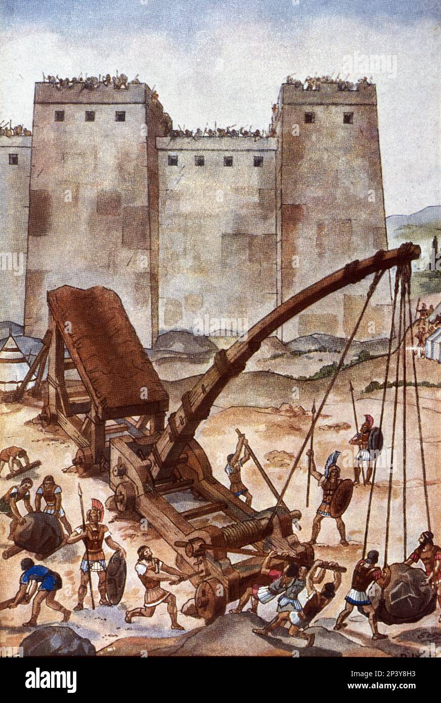 Assedio di una città, soldati romani che trasportano una catapulta per battere le mura. Foto Stock