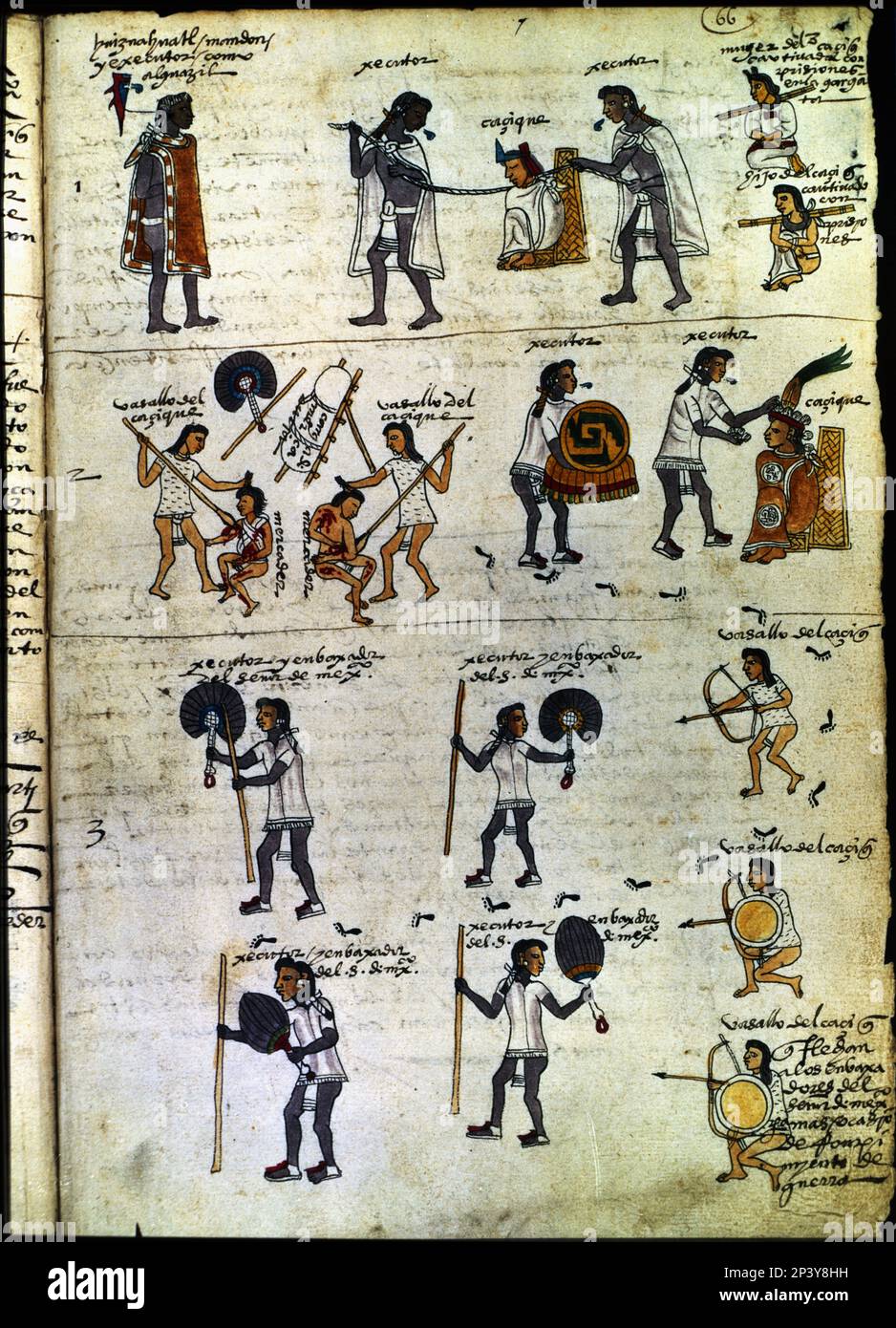 Codex Mendoza (1535 - 1550), geroglifo raffigurante l'esecuzione e la distruzione di un capo ribelle (L1), l'assassinio di due mercanti messicani (L2), emissari attaccati da soggetti ribelli (L3). Foto Stock