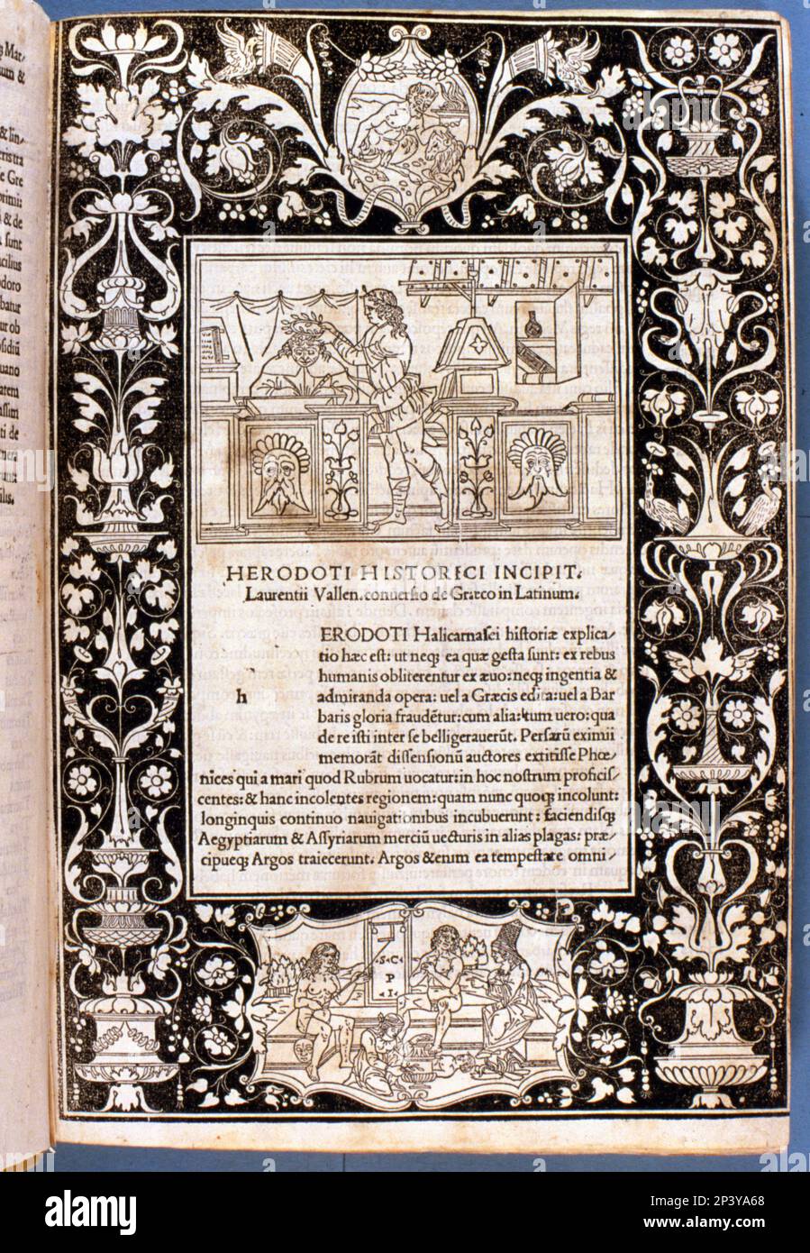 Copertina di 'Herodoti storici incipit', 1494. Stampato in sceneggiatura romana a Venezia da Giovanni e Gregorio di Gregor&#xfc;s il 8th 1494 marzo. Foto Stock