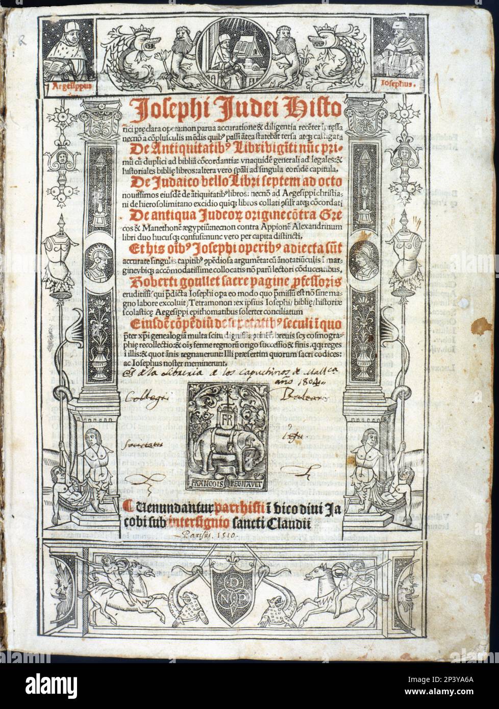 Copertina di 'Josephi Judei Historici', pergamena del tempo di Josephus Flavius (37 d.C.-100 d.C.). Stampato a Parigi da Fran&#xe7;ois Regnault nel 1510. Foto Stock