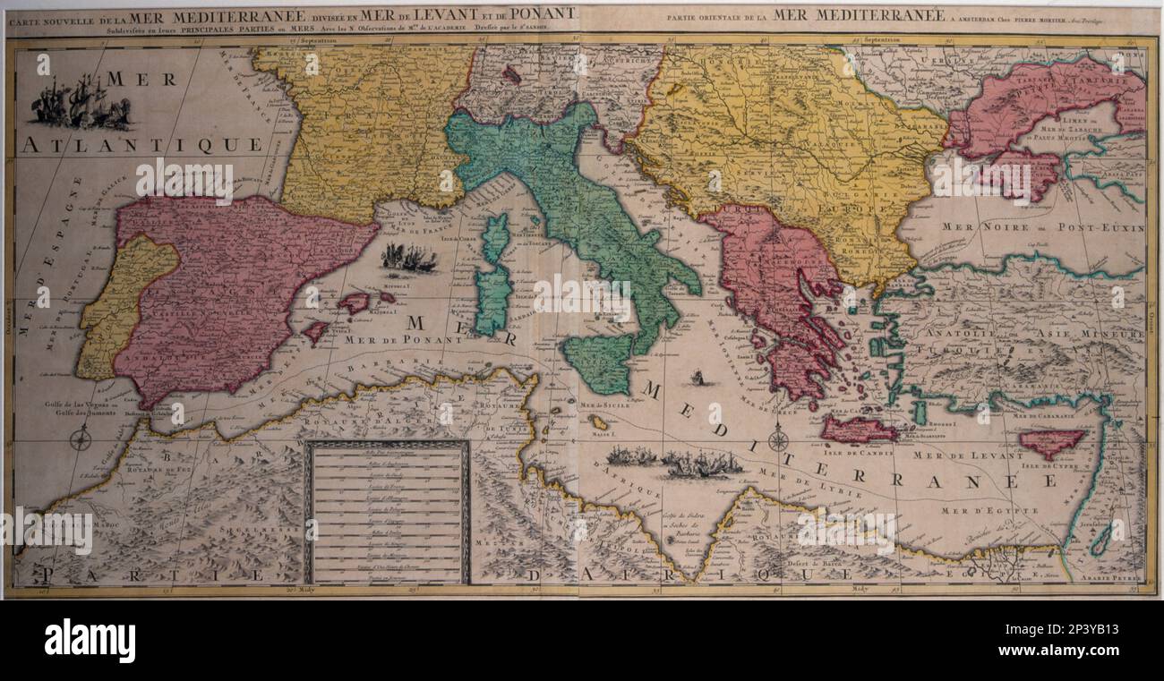 Mappa marina della parte orientale del Mar Mediterraneo con l'intera costa africana in Egitto e il Mar Rosso e parte del Mar Nero, 17th ° secolo. A cura di Pierre Mortier. Foto Stock