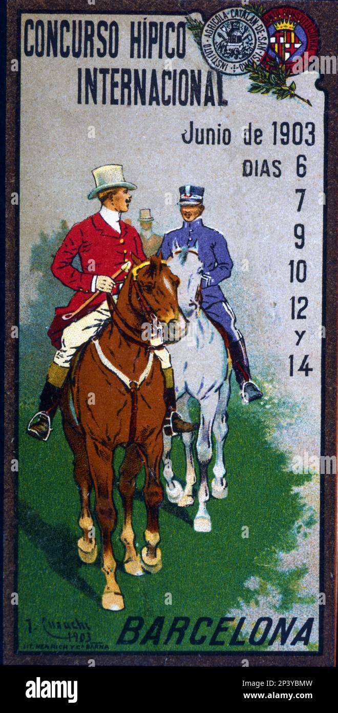 Poster pubblicitario per il Concorso equestre internazionale tenutosi a Barcellona nel 1903. . Foto Stock