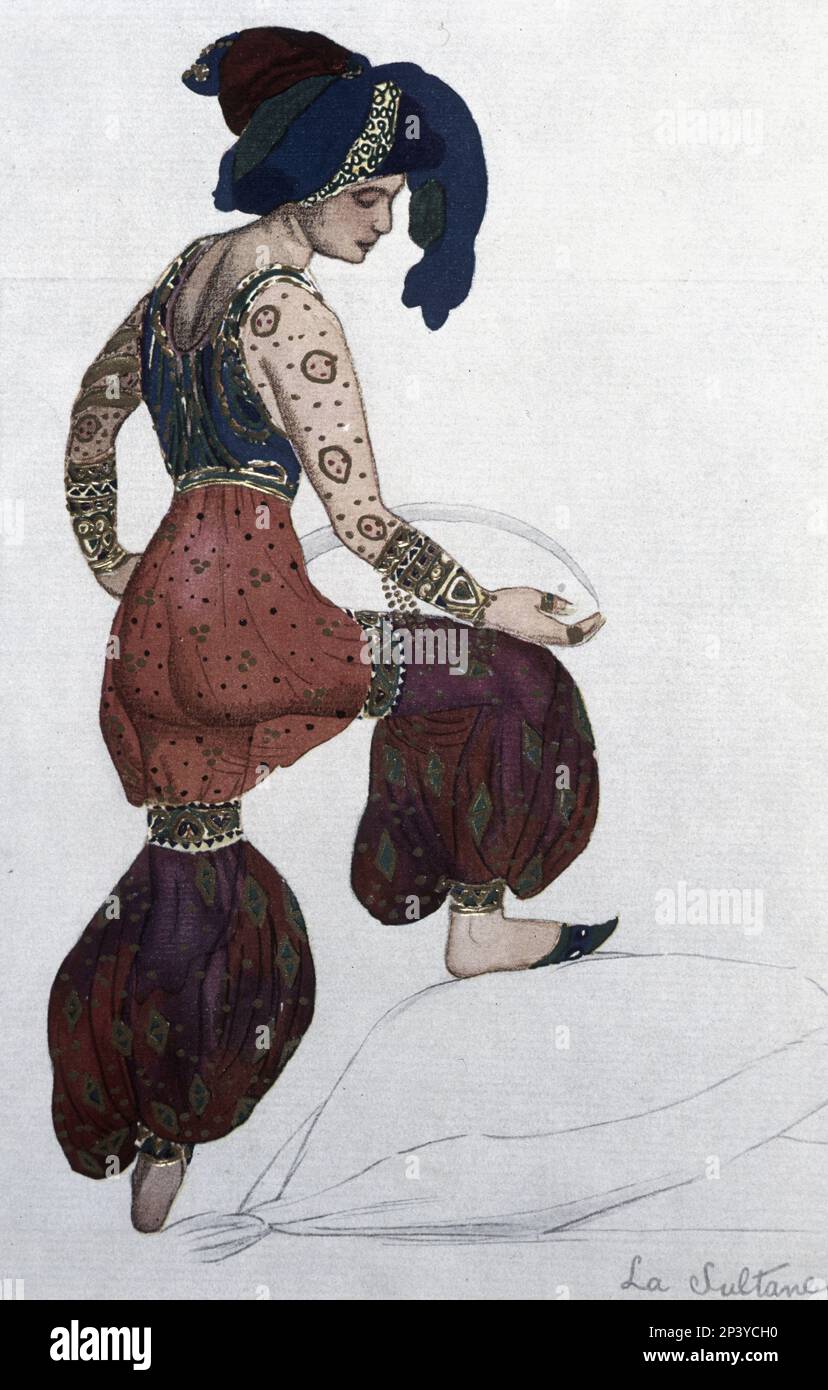 Design dei costumi del Sultana per le performance di gala dei balletti russi di Serge de Diaghilew, tenuti a Parigi e Londra nel 1907, originali di Leon Bakst. Foto Stock