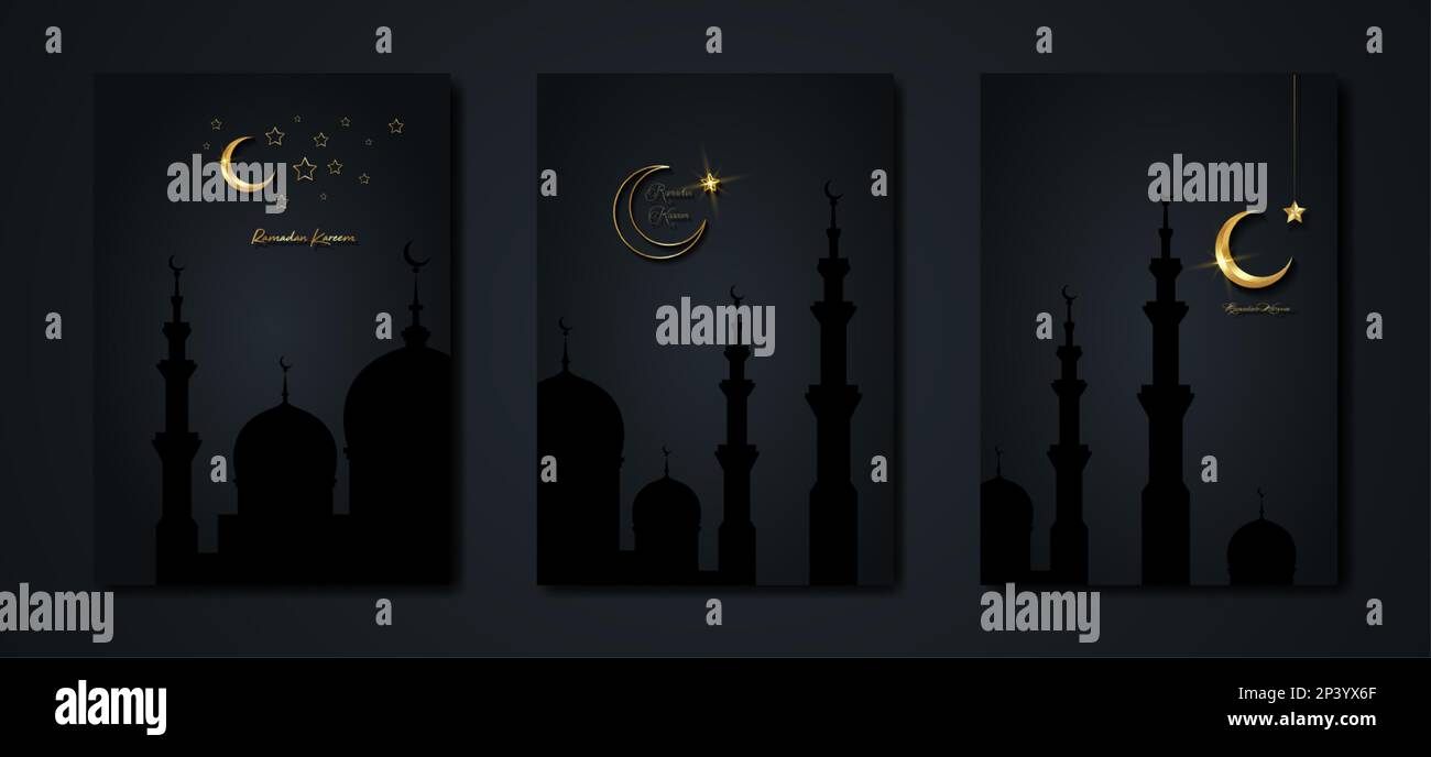 Ramadan Kareem 2023 Vector Set biglietto d'auguri. Mezzaluna dorata su sfondo nero. Poster delle feste d'oro con testo, simbolo islamico. Concetto musulmano Illustrazione Vettoriale