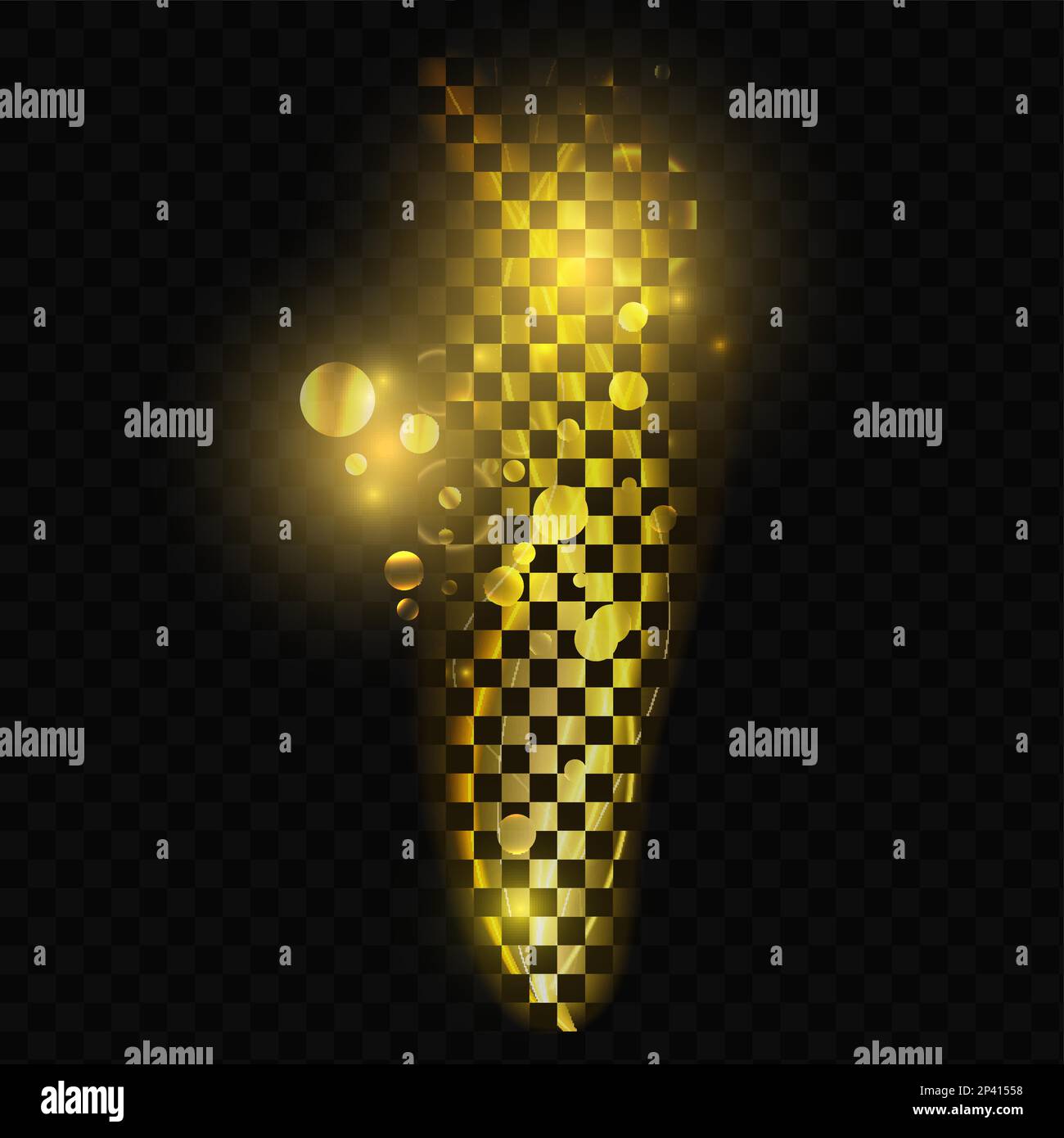Forme d'onda luminose in giallo dorato con una magica illustrazione vettoriale a bagliore. Curve astratte e vortici di linee con effetto luminoso, anelli e cerchi di lampi, lucenti particelle di energia Illustrazione Vettoriale
