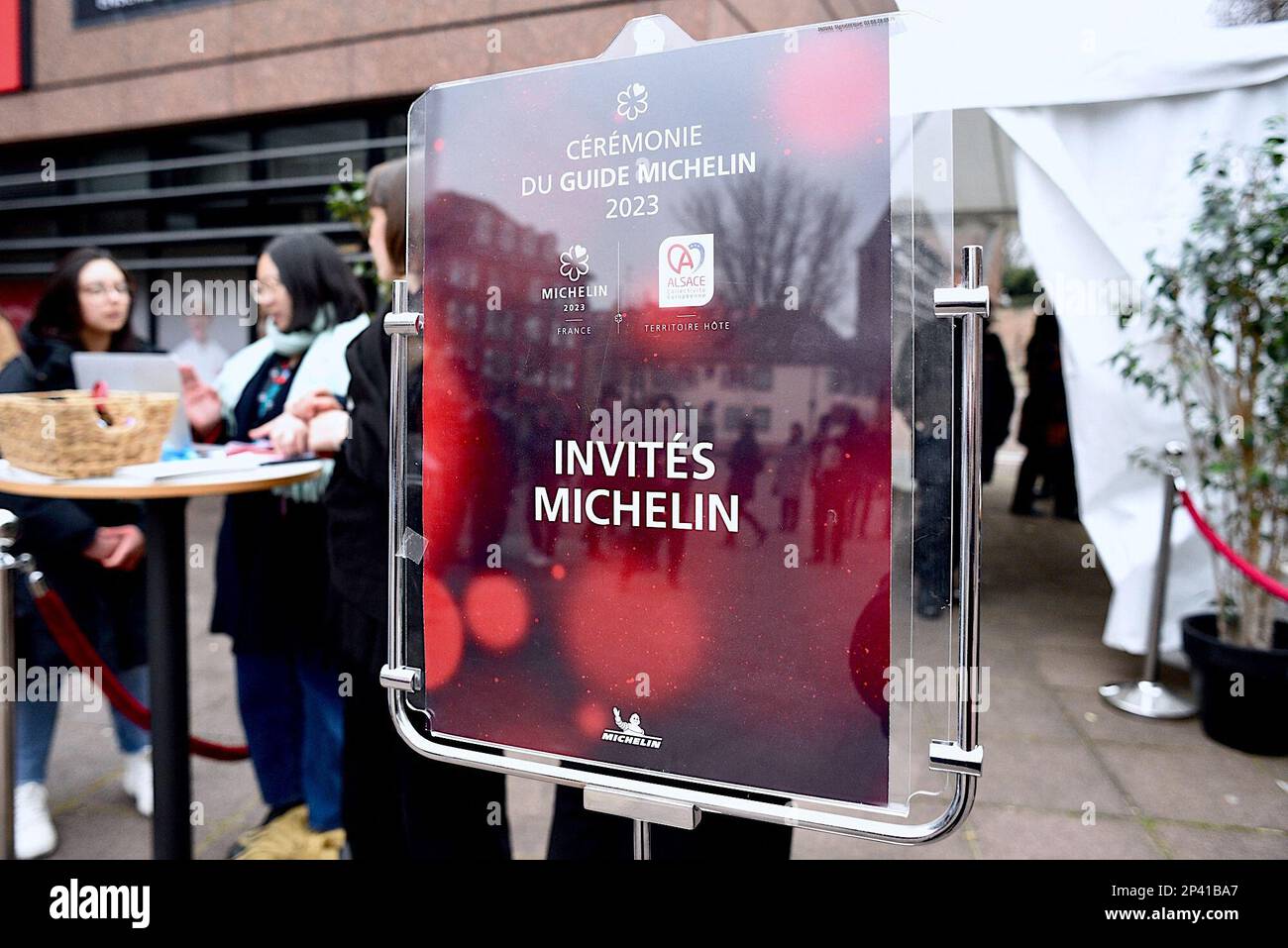 Strasburgo, Francia. 05th Mar, 2023. Inizio della cerimonia delle Guide Stars Michelin che si svolge durante due giorni a Strasburgo presso il Communauté Europénne d'Alsace e il Palais de la Musique et des Congrès. Alla presenza di Gwendal Poullennec, Guillaume Gomez, Jean Francois Piège, Frédéric Anton, Nicolas Stamm Corby, Jean-Luc Heimburger, Frédéric Bierry, Jean Luc Hoffmann, Monique Jung, Camille Sedira Miss Alsace.Strasbourg, Francia nordorientale, il 5 marzo 2023. Foto di Nicolas Roses/ ABACAPRESS.COM Credit: Abaca Press/Alamy Live News Foto Stock