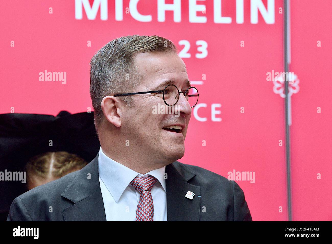 Strasburgo, Francia. 05th Mar, 2023. Inizio della cerimonia delle Guide Stars Michelin che si svolge durante due giorni a Strasburgo presso il Communauté Europénne d'Alsace e il Palais de la Musique et des Congrès. Alla presenza di Gwendal Poullennec, Guillaume Gomez, Jean Francois Piège, Frédéric Anton, Nicolas Stamm Corby, Jean-Luc Heimburger, Frédéric Bierry, Jean Luc Hoffmann, Monique Jung, Camille Sedira Miss Alsace.Strasbourg, Francia nordorientale, il 5 marzo 2023. Foto di Nicolas Roses/ ABACAPRESS.COM Credit: Abaca Press/Alamy Live News Foto Stock