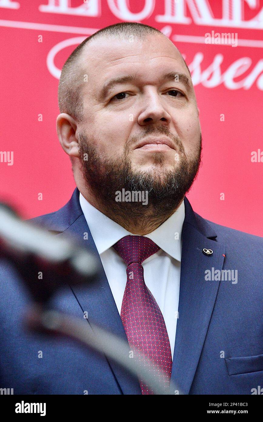 Strasburgo, Francia. 05th Mar, 2023. Inizio della cerimonia delle Guide Stars Michelin che si svolge durante due giorni a Strasburgo presso il Communauté Europénne d'Alsace e il Palais de la Musique et des Congrès. Alla presenza di Gwendal Poullennec, Guillaume Gomez, Jean Francois Piège, Frédéric Anton, Nicolas Stamm Corby, Jean-Luc Heimburger, Frédéric Bierry, Jean Luc Hoffmann, Monique Jung, Camille Sedira Miss Alsace.Strasbourg, Francia nordorientale, il 5 marzo 2023. Foto di Nicolas Roses/ ABACAPRESS.COM Credit: Abaca Press/Alamy Live News Foto Stock