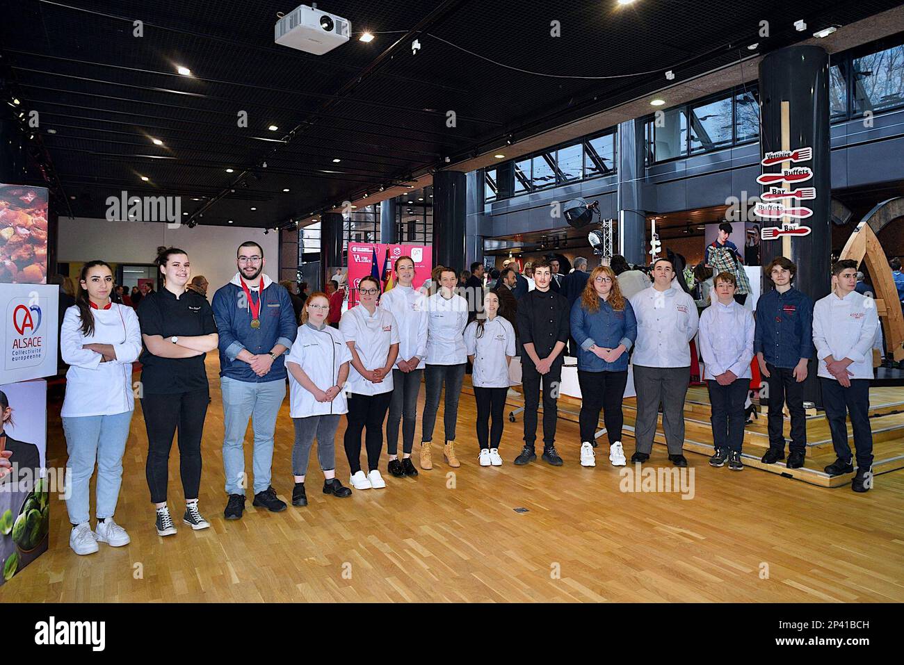 Strasburgo, Francia. 05th Mar, 2023. Inizio della cerimonia delle Guide Stars Michelin che si svolge durante due giorni a Strasburgo presso il Communauté Europénne d'Alsace e il Palais de la Musique et des Congrès. Alla presenza di Gwendal Poullennec, Guillaume Gomez, Jean Francois Piège, Frédéric Anton, Nicolas Stamm Corby, Jean-Luc Heimburger, Frédéric Bierry, Jean Luc Hoffmann, Monique Jung, Camille Sedira Miss Alsace.Strasbourg, Francia nordorientale, il 5 marzo 2023. Foto di Nicolas Roses/ ABACAPRESS.COM Credit: Abaca Press/Alamy Live News Foto Stock