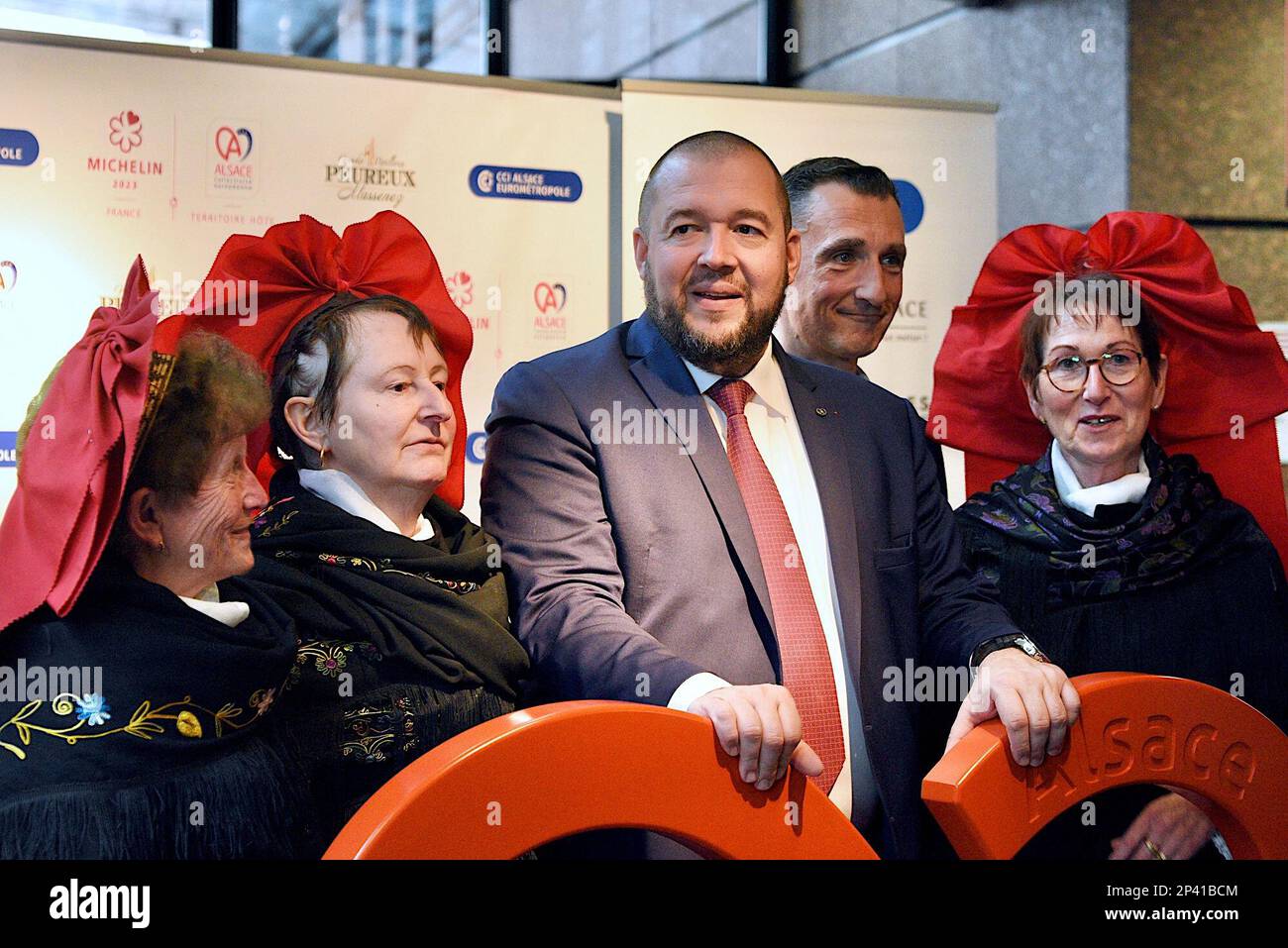 Strasburgo, Francia. 05th Mar, 2023. Inizio della cerimonia delle Guide Stars Michelin che si svolge durante due giorni a Strasburgo presso il Communauté Europénne d'Alsace e il Palais de la Musique et des Congrès. Alla presenza di Gwendal Poullennec, Guillaume Gomez, Jean Francois Piège, Frédéric Anton, Nicolas Stamm Corby, Jean-Luc Heimburger, Frédéric Bierry, Jean Luc Hoffmann, Monique Jung, Camille Sedira Miss Alsace.Strasbourg, Francia nordorientale, il 5 marzo 2023. Foto di Nicolas Roses/ ABACAPRESS.COM Credit: Abaca Press/Alamy Live News Foto Stock