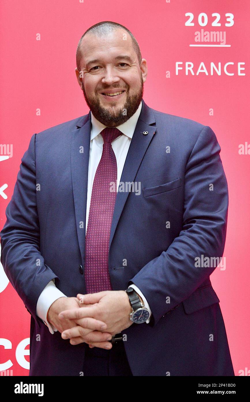 Strasburgo, Francia. 05th Mar, 2023. Inizio della cerimonia delle Guide Stars Michelin che si svolge durante due giorni a Strasburgo presso il Communauté Europénne d'Alsace e il Palais de la Musique et des Congrès. Alla presenza di Gwendal Poullennec, Guillaume Gomez, Jean Francois Piège, Frédéric Anton, Nicolas Stamm Corby, Jean-Luc Heimburger, Frédéric Bierry, Jean Luc Hoffmann, Monique Jung, Camille Sedira Miss Alsace.Strasbourg, Francia nordorientale, il 5 marzo 2023. Foto di Nicolas Roses/ ABACAPRESS.COM Credit: Abaca Press/Alamy Live News Foto Stock