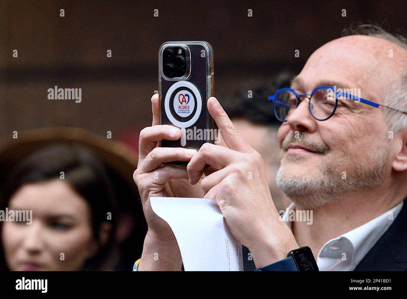 Strasburgo, Francia. 05th Mar, 2023. Inizio della cerimonia delle Guide Stars Michelin che si svolge durante due giorni a Strasburgo presso il Communauté Europénne d'Alsace e il Palais de la Musique et des Congrès. Alla presenza di Gwendal Poullennec, Guillaume Gomez, Jean Francois Piège, Frédéric Anton, Nicolas Stamm Corby, Jean-Luc Heimburger, Frédéric Bierry, Jean Luc Hoffmann, Monique Jung, Camille Sedira Miss Alsace.Strasbourg, Francia nordorientale, il 5 marzo 2023. Foto di Nicolas Roses/ ABACAPRESS.COM Credit: Abaca Press/Alamy Live News Foto Stock