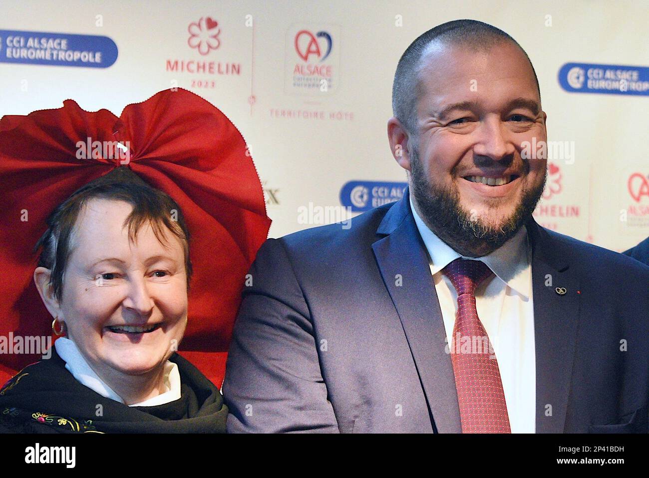 Strasburgo, Francia. 05th Mar, 2023. Inizio della cerimonia delle Guide Stars Michelin che si svolge durante due giorni a Strasburgo presso il Communauté Europénne d'Alsace e il Palais de la Musique et des Congrès. Alla presenza di Gwendal Poullennec, Guillaume Gomez, Jean Francois Piège, Frédéric Anton, Nicolas Stamm Corby, Jean-Luc Heimburger, Frédéric Bierry, Jean Luc Hoffmann, Monique Jung, Camille Sedira Miss Alsace.Strasbourg, Francia nordorientale, il 5 marzo 2023. Foto di Nicolas Roses/ ABACAPRESS.COM Credit: Abaca Press/Alamy Live News Foto Stock