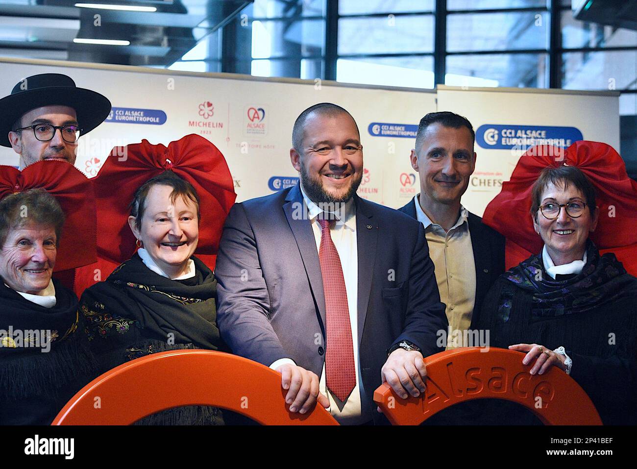 Strasburgo, Francia. 05th Mar, 2023. Inizio della cerimonia delle Guide Stars Michelin che si svolge durante due giorni a Strasburgo presso il Communauté Europénne d'Alsace e il Palais de la Musique et des Congrès. Alla presenza di Gwendal Poullennec, Guillaume Gomez, Jean Francois Piège, Frédéric Anton, Nicolas Stamm Corby, Jean-Luc Heimburger, Frédéric Bierry, Jean Luc Hoffmann, Monique Jung, Camille Sedira Miss Alsace.Strasbourg, Francia nordorientale, il 5 marzo 2023. Foto di Nicolas Roses/ ABACAPRESS.COM Credit: Abaca Press/Alamy Live News Foto Stock