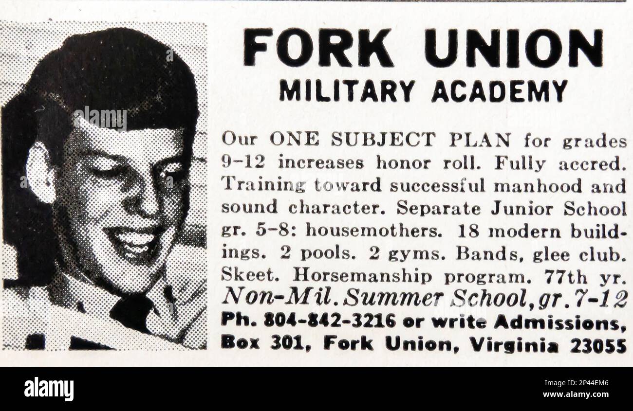 Pubblicità dell'accademia militare di Fork Union in una rivista NatGeo giugno 1975 Foto Stock
