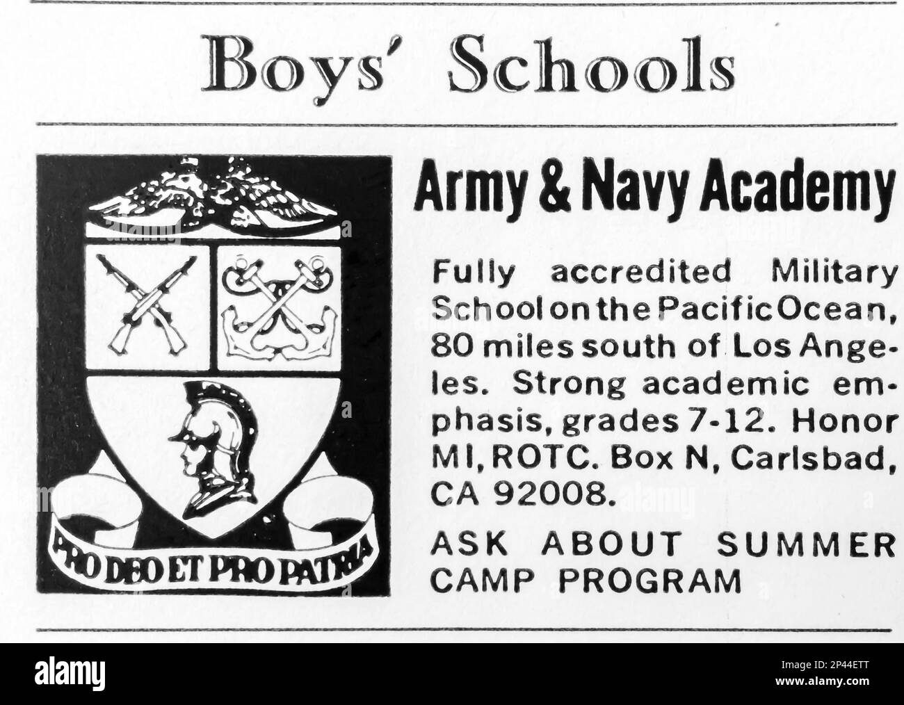 Boy's School - Army and Navy Academy advert in a NatGeo magazine June 1971 Foto Stock