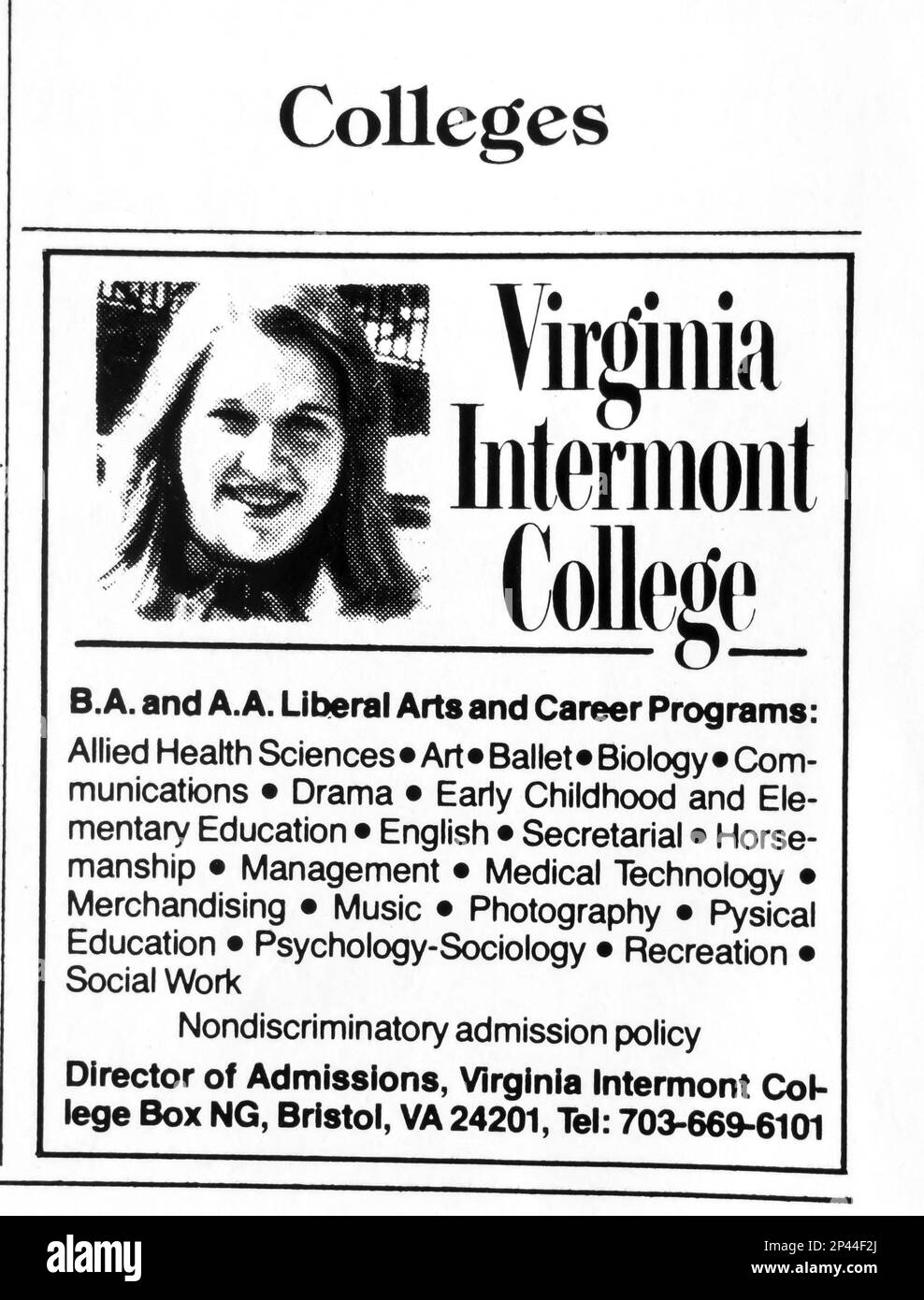 Virginia Intermont scuola spot in una rivista NatGeo gennaio 1979 Foto Stock