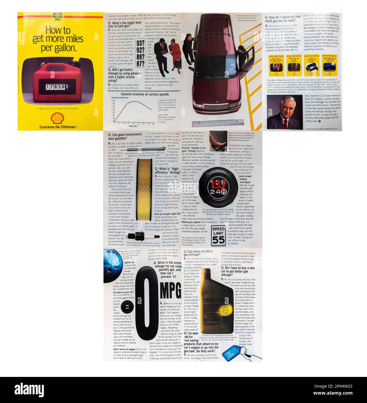 Shell oil - migliori suggerimenti per le miglia pubblicità al consumatore in forma di opuscolo all'interno di una rivista NatGeo. La versione completa con tutte le pagine. Aprile 1991 Foto Stock