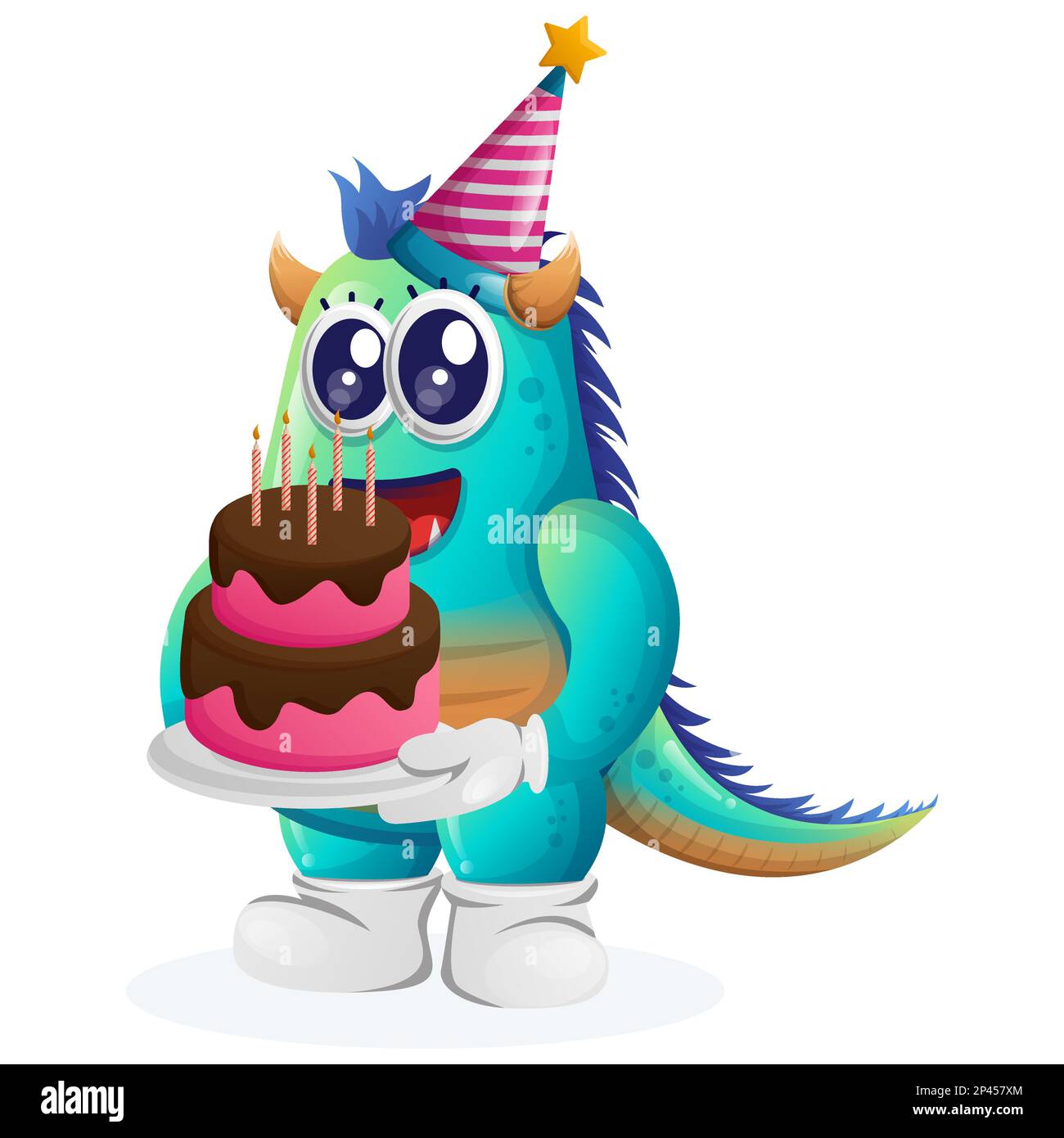 Un mostro blu carino che indossa un cappello di compleanno, con una torta di compleanno. Ideale per bambini, piccole aziende o e-commerce, merchandising e adesivi, promozione banner Illustrazione Vettoriale