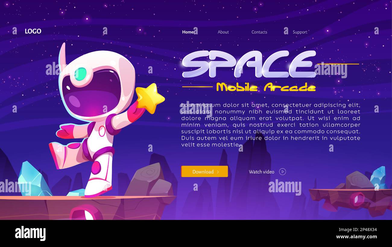Astronauta nello spazio sul paesaggio del pianeta alieno, landing page mobile arcade. Sfondo COSMOS con simpatico cosmonaut in tuta spaziale bianca e casco con stella dorata, illustrazione vettoriale dei cartoni animati Illustrazione Vettoriale