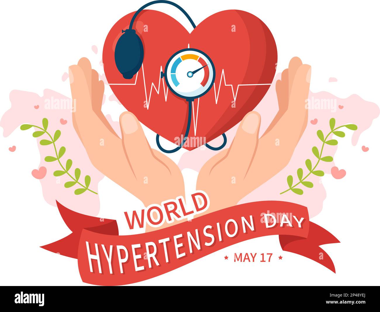 Giornata Mondiale dell'ipertensione il 17th maggio Illustrazione con l'alta pressione sanguigna e l'immagine rossa dell'amore in cartoon piano disegnato a mano per i modelli della landing page Illustrazione Vettoriale