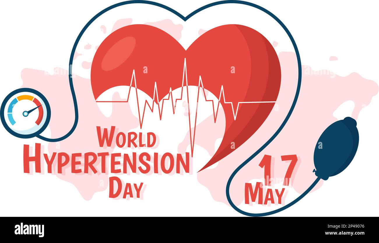 Giornata Mondiale dell'ipertensione il 17th maggio Illustrazione con l'alta pressione sanguigna e l'immagine rossa dell'amore in cartoon piano disegnato a mano per i modelli della landing page Illustrazione Vettoriale