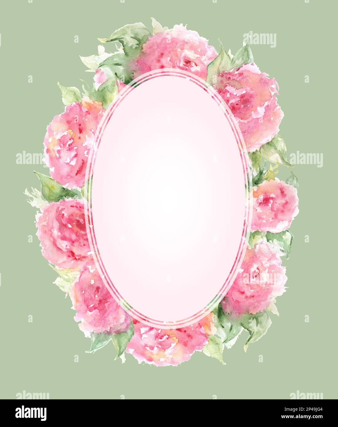 Acquerello rosa tè rosa peonia fiore composizione floreale cornice cornice cornice modello sfondo. Foto Stock