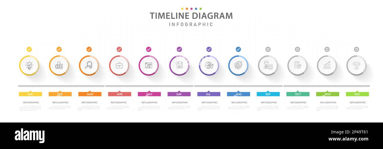 Modello infografico per le aziende. 12 mesi Calendario dei diagrammi della roadmap della linea temporale moderna, infografica vettoriale di presentazione. Illustrazione Vettoriale