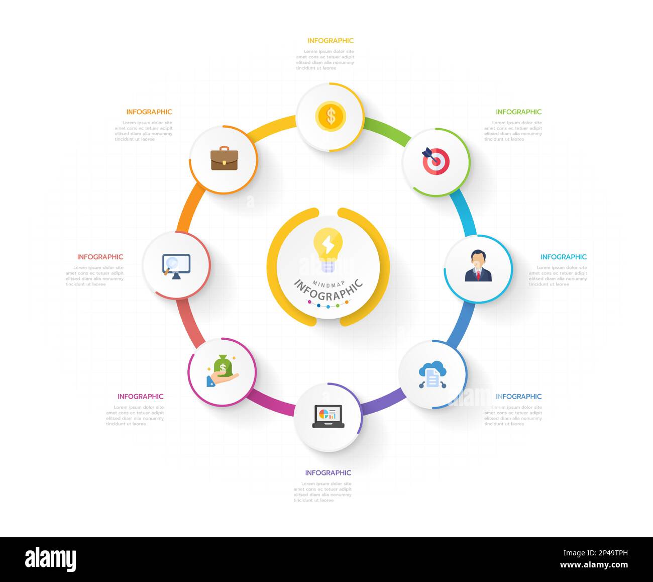 Modello infografico per le aziende. 8 passi moderno diagramma della mindmap con argomenti a cerchio percentuale, presentazione di un'infografica vettoriale. Illustrazione Vettoriale