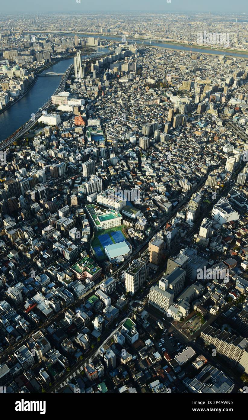Vista aerea di Sumida-City e del fiume Sumida a Tokyo, Giappone. Foto Stock
