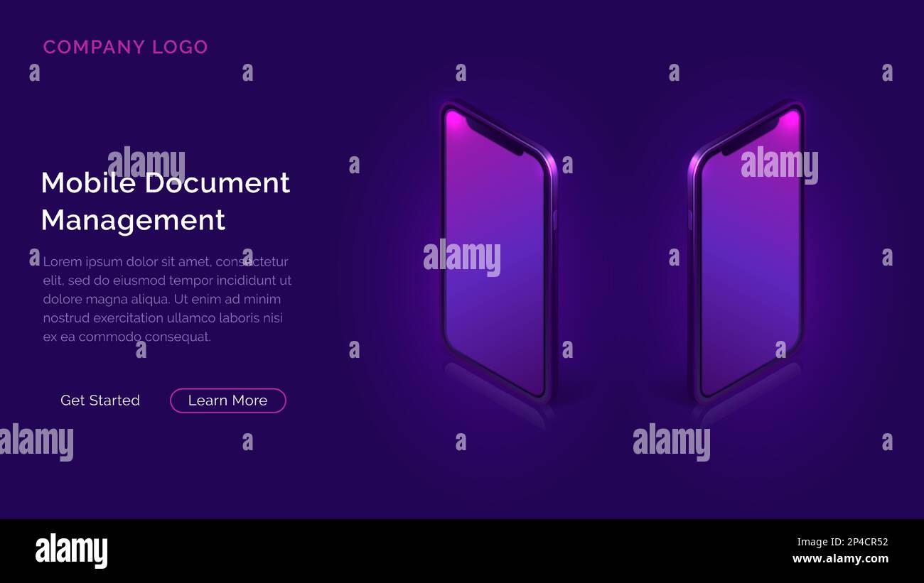 Illustrazione isometrica vettoriale del concetto aziendale di Mobile Document Manager. Due telefoni cellulari 3D si sono allontanati l'uno dall'altro da schermi isolati su sfondo ultravioletto Illustrazione Vettoriale