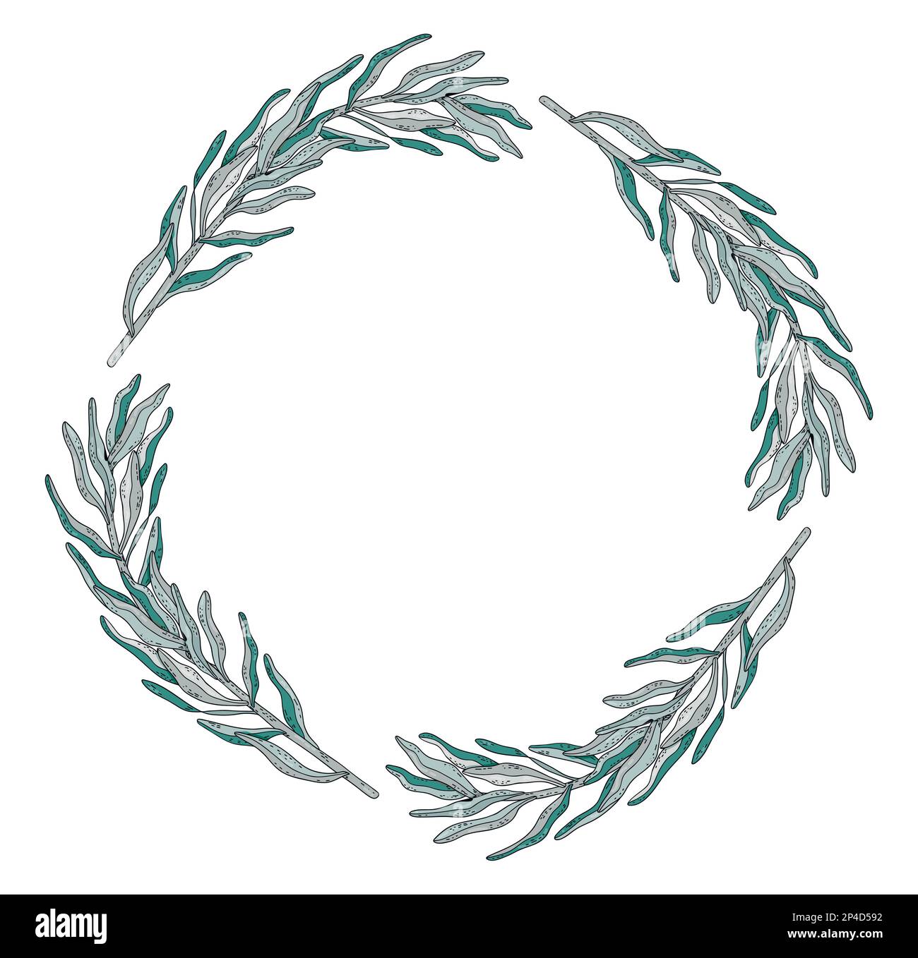 Cornice disegnata a mano di foglie verdi, corona di ramoscelli e foglie con tratti Illustrazione Vettoriale