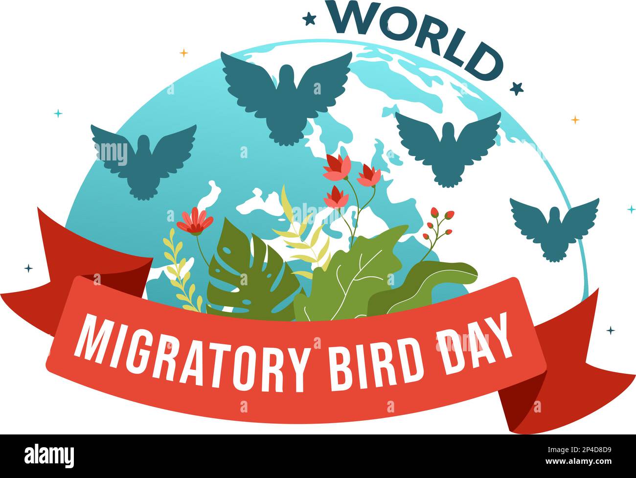 Giornata degli uccelli migratori del mondo il 8 maggio Illustrazione con i gruppi di migrazioni degli uccelli in Cartoon piano disegnati a mano per i modelli di landing page Illustrazione Vettoriale