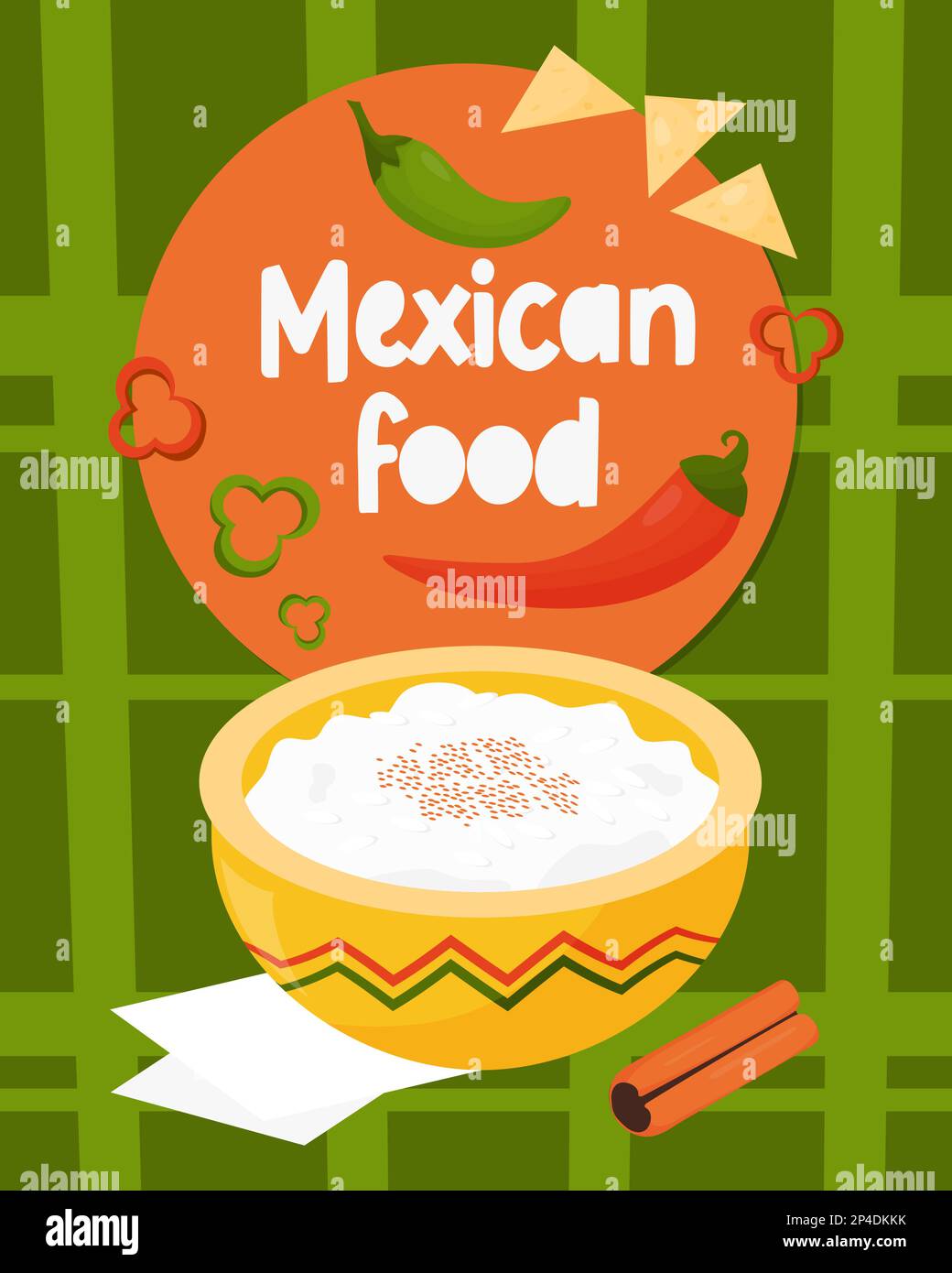 Arroz con leche tradizionale messicano. Popolare colazione al latte e riso budino e snack. Illustrazione vettoriale. Poster verticale piatto latino-americano in piatto s Illustrazione Vettoriale