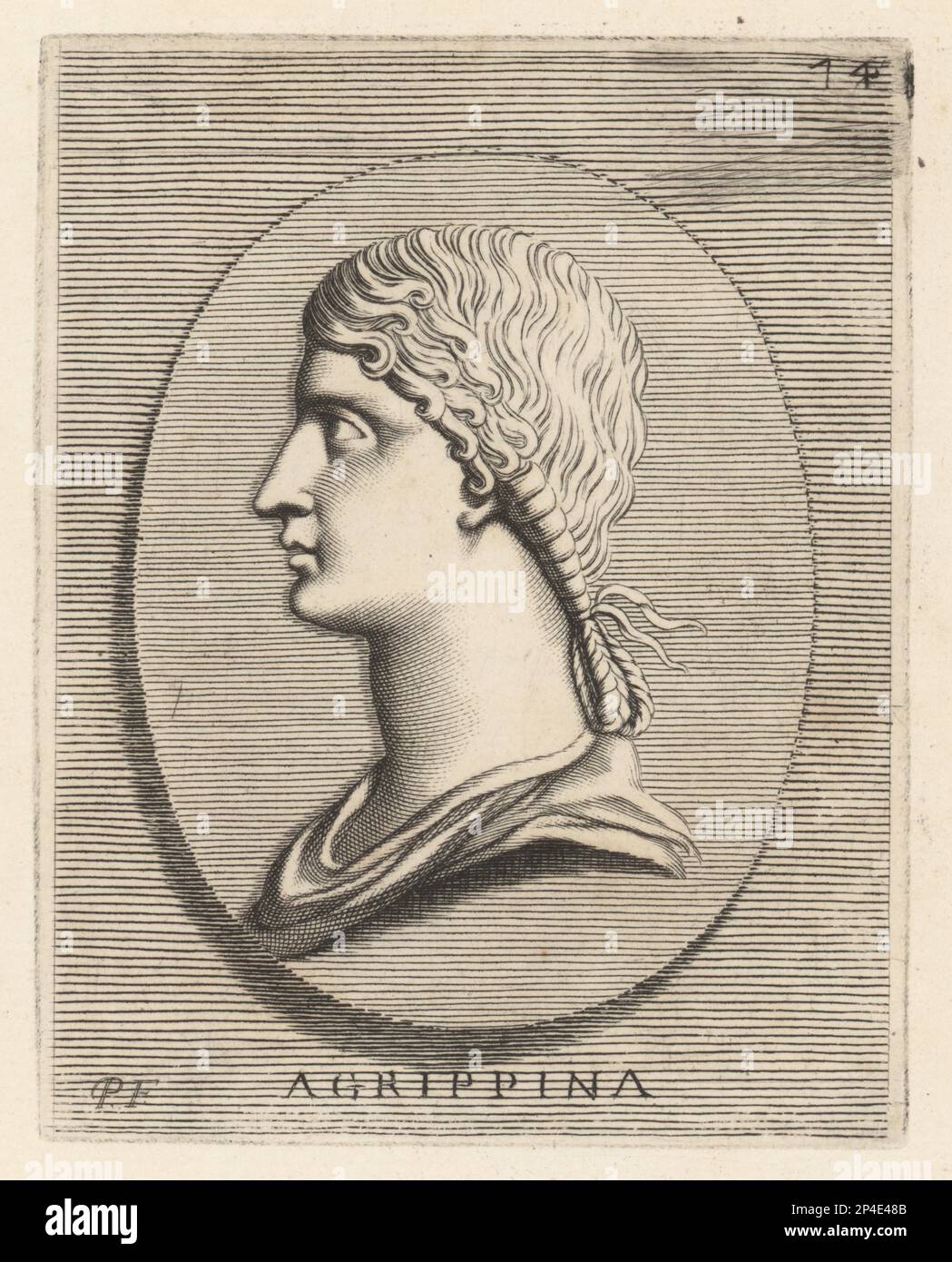 Agrippina il Vecchio, moglie di Germanico, 14 a.C. - 33 d.C., figlia di Marco Vipsanio Agrippa e figlia dell'imperatore Augusto, Julia il Vecchio. Testa da una moneta di bronzo sedertio. Agrippina. Incisione su copperplate di Etienne Picart dopo Giovanni Angelo Canini da Iconografia, cioe malati d'imagini de famosissimi monarchi, regi, filososi, poeti ed oratori dell'Antichita, disegni di immagini di famosi monarchi, re, filosofi, poeti ed oratori dell'Antichità, Ignatio de’Lazari, Roma, 1699. Foto Stock