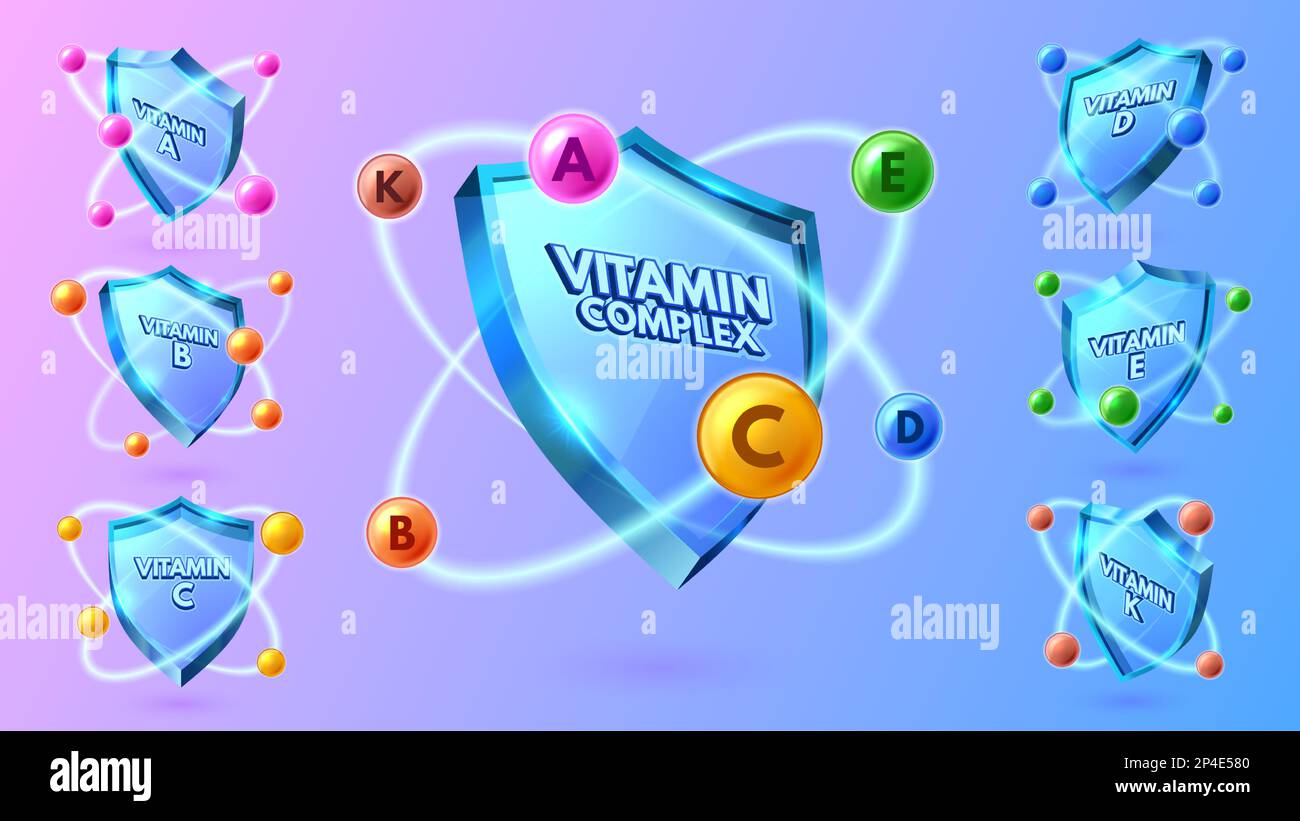 Scudo vitaminico. Complesso multivitaminico per la protezione della salute, etichetta per set di illustrazioni vettoriali vitamine A, B, C, D, e e K. Illustrazione Vettoriale