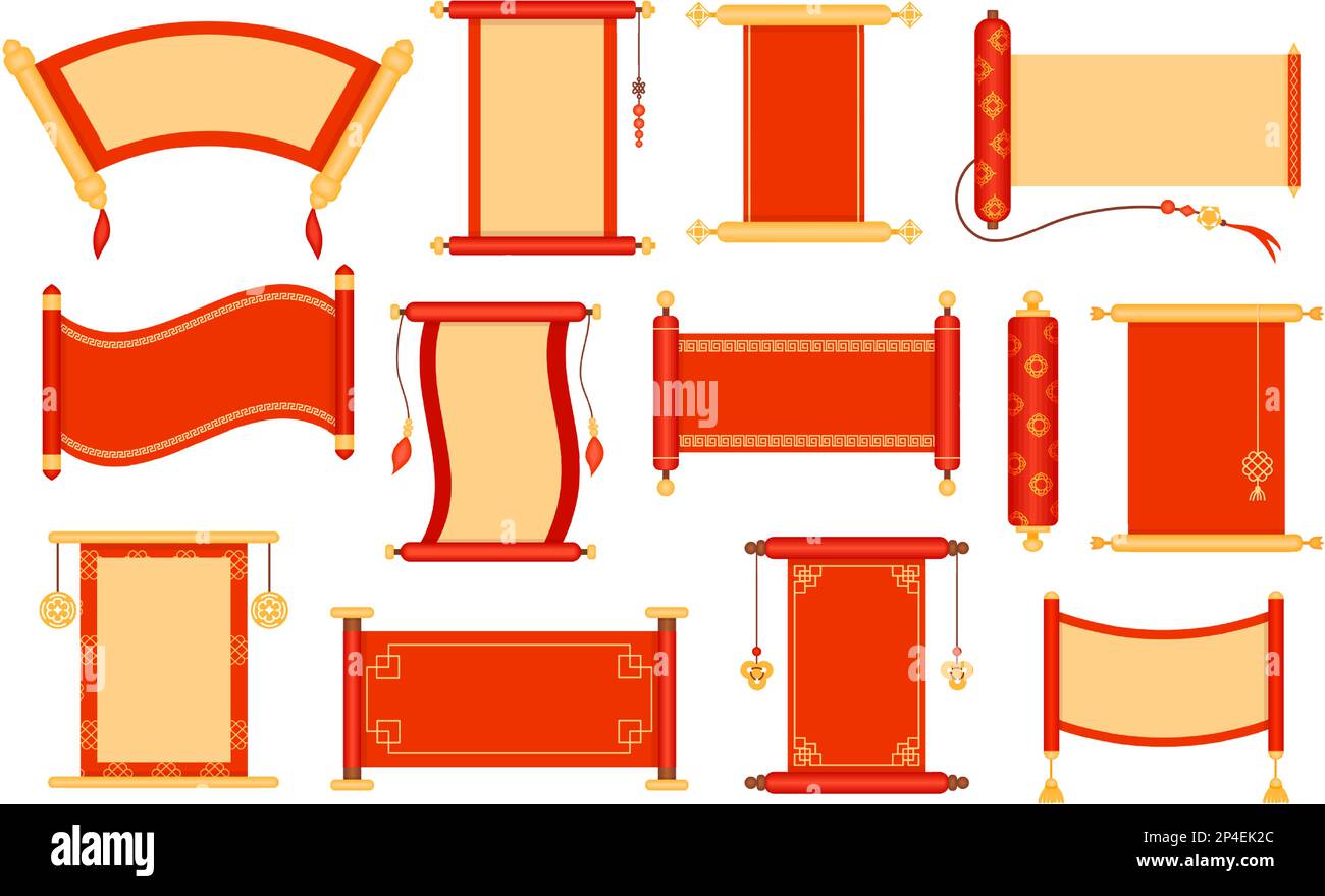 Scorre il cinese. Carta asiatica della busta, tradizionale rosso appeso rotolo decorativo cornice isolato set vettore Illustrazione Vettoriale
